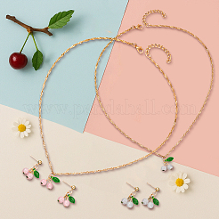 2 Colors Cherry Iron & Acrylic Pendant Necklaces & Stud Earrings Jewelry Set for Women&nbsp;SJEW-HY0001-21