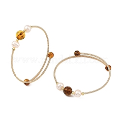 Round Natural Amber and Pearl Beads Brass Cuff Bangles&nbsp;BJEW-JB14464