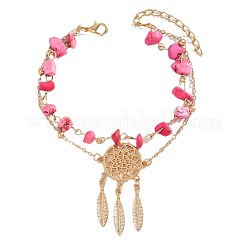 Plastic Imitation Gemstone Chip Beaded Alloy Woven Web/Net with Feather Double Layer Anklets for Women&nbsp;FS-WG3D403-03