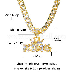 Hip-hop Style Zinc Alloy Full Crystal Rhinestone Crown Word King Pendant Cuban Link Chain Necklaces&nbsp;FS-WG2813B-01