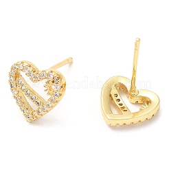 Rack Plating Brass Heart with Flower Stud Earrings with Cubic Zirconia&nbsp;EJEW-A103-02G