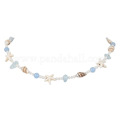 Summer Natural Dyed Aquamarine & Round White Jade & Natural Sea Shell & Shell Pearl Beaded Necklaces&nbsp;NJEW-JN05269