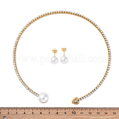 Round Plastic Imitation Pearl Stud Earrings & Heart Cubic Zirconia Rhinestone Cuff Choker Necklaces Sets&nbsp;SJEW-U003-08G