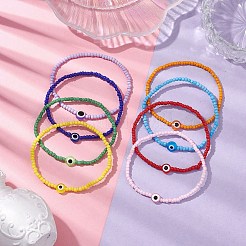 8pcs 8 Colors Resin Evil Eye & Glass Seed Beaded Stretch Bracelet Sets&nbsp;BJEW-JB10527