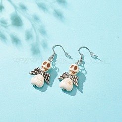 Synthetic Turquoise Skull with Wings Dangle Earrings&nbsp;EJEW-JE04944-02