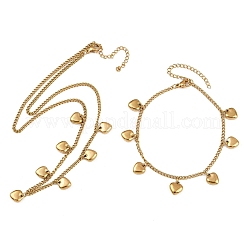 304 Stainless Steel Heart Pendant Curb Chain Necklaces & Bracelets Sets for Women&nbsp;SJEW-F225-02G