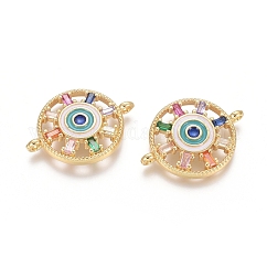 Brass Micro Pave Cubic Zirconia Links Connectors, Cadmium Free & Lead Free, with Enamel, Flat Round with Evil Eye, Colorful, Golden, 17x23x3.5mm, Hole: 1.2mm