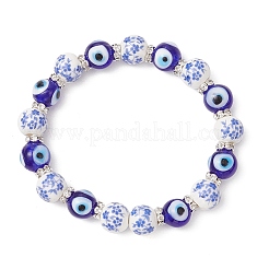 Handmade Flower Printed Porcelain Ceramic & Handmade Lampwork Evil Eye Beads Stretch Bracelets for Women&nbsp;BJEW-JB12105-04