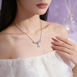 Brass Pave Clear and Pink Cubic Zirconia Star Butterfly Pendant Necklaces for Women&nbsp;WG2D53E-01