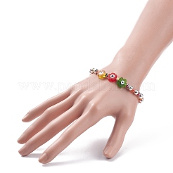 Flower with Evil Eye Glass & Iron Beaded Stretch Bracelet for Women&nbsp;BJEW-JB08076