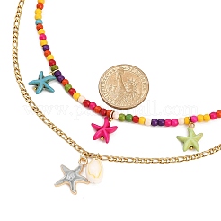 Alloy Enamel & Dyed Synthetic Turquoise Starfish & Natural Cowrie Shell Pendant 304 Stainless Steel Double Layer Necklaces&nbsp;NJEW-JN05465
