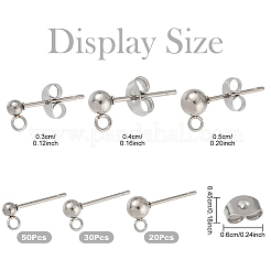 100Pcs 3 Styles Original Color 304 Stainless Steel Ball Post Stud Earring Findings&nbsp;STAS-YW0003-06