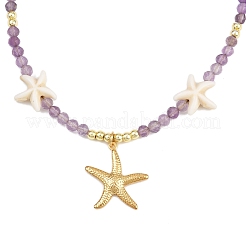 Synthetic Turquoise & Natural Amethyst Faceted Round Beaded Starfish 304 Stainless Steel Pendant Necklaces for Women&nbsp;NJEW-JN05459