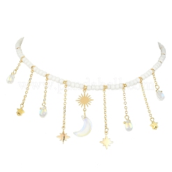 Brass  Moon & Star Charms Bib Necklace with Glass Beaded Chains&nbsp;NJEW-TA00101
