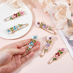 6Pcs 3 Styles Flower Alloy Rhinestone Safety Pin Brooches for Backpack Clothes&nbsp;JEWB-FH0002-57