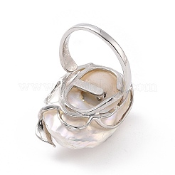 Natural Pearl Nugget with Cubic Zirconia Leaf Open Cuff Ring&nbsp;RJEW-P033-02P-02A