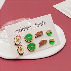 4 Pairs Snowman & Christmas Hat & Wreath Printed Wood Stud Earrings&nbsp;EJEW-OY001-06