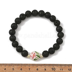 Handmade Printed Porcelain Flower & Round Natuarl Lava Rock Beaded Stretch Bracelets&nbsp;BJEW-JB14183-02