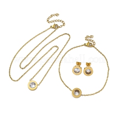 Flat Round 304 Stainless Steel Cubic Zirconia Pendant Necklaces & Bracelets & Stud Earrings Sets for Women&nbsp;SJEW-C004-19G