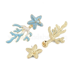 Coral with Starfish Enamel Stud Earrings&nbsp;EJEW-M005-05A-01