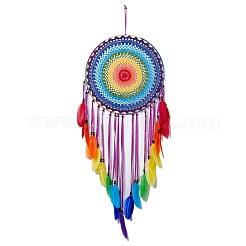 Native Style Iron Ring Woven Net/Web with Feather Wall Hanging Decoration&nbsp;HJEW-A001-09