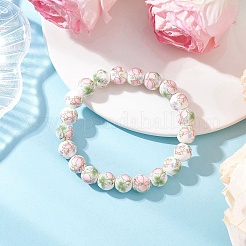 2Pcs 2 Colors Handmade Flower Printed Porcelain Ceramic Round Beads Stretch Bracelets for Women&nbsp;BJEW-JB12091