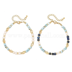 2Pcs 2 Styles Natural Lapis Lazuli and Larimar Faceted Cube Beaded Bracelet Sets with Natural Pearl for Women&nbsp;BJEW-JB14475