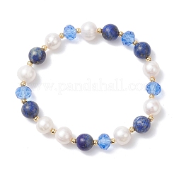 Natural Lapis Lazuli & Cultured Freshwater Pearl Beads Stretch Bracelets&nbsp;BJEW-JB12856-01
