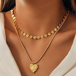 304 Stainless Steel Heart Pendant Flat Sequin Chain Double Layer Necklaces for Women&nbsp;NJEW-F343-03G