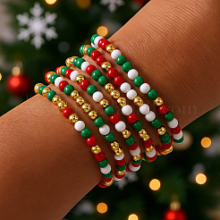 6Pcs Christmas Round Glass & Brass Beaded Stretch Bracelet Sets&nbsp;HE1918-1
