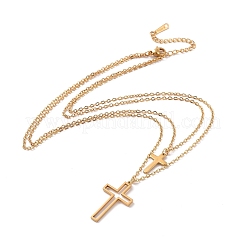 304 Stainless Steel Hollow Out Cross Pendant Double Layer Necklace with Cable Chains for Men Women&nbsp;LS-NJEW-E088-01G