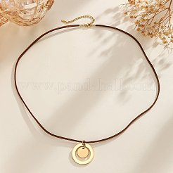 304 Stainless Steel Geometric Ring and Coin Pendant Imitation Leather Cord Necklaces for Women&nbsp;WG6D505-02