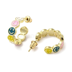 Smiling Face Real 18K Gold Plated Brass Stud Earrings&nbsp;EJEW-L268-016G-04