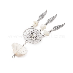 4Pcs 4 Styles Natural Shell & Synthetic Turquoise & Alloy Woven Web/Net with Feather Big Pendants&nbsp;PALLOY-JF03444