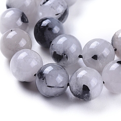 Natural Tourmalinated Quartz/Black Rutilated Quartz Beads Strands&nbsp;G-E558-04-10mm