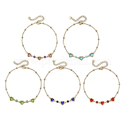 Round Natural Mixed Stone & Stainless Steel Glass Heart Link Anklets for Women&nbsp;AJEW-AN00804
