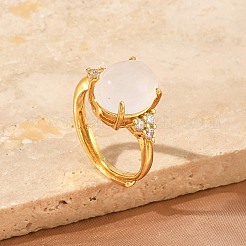 Brass Micro Pave Cubic Zirconia with Natural Quartz Crystal Cuff Open Rings&nbsp;RJEW-T035-01G-G
