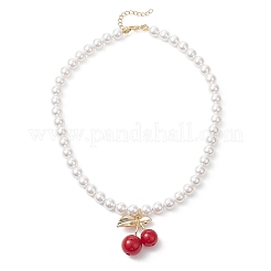 Brass Resin Red Cherry Pendant Round White Shell Pearl Beaded Necklaces&nbsp;NJEW-JN05733