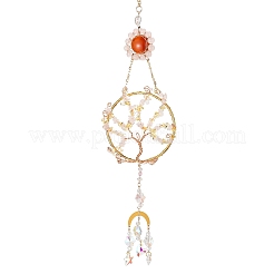 Flat Round with Tree of Life Copper Wire Wrapped Natural Citrine Chip Pendant Decorations&nbsp;AJEW-Q143-10