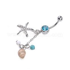 304 Stainless Steel Pave Cubic Zirconia & Plastic Pearl & Natural Shell Starfish Curved Barbell Dangle Belly Rings&nbsp;FS-WGCE39A-01