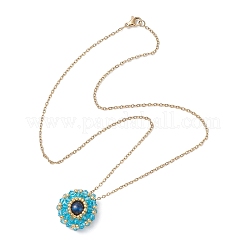 Dyed Natural Blue Tiger Eye & Glass Seed Beaded Flat Round Pendant 304 Stainless Steel Cable Chain Necklaces&nbsp;NJEW-MZ00129-06