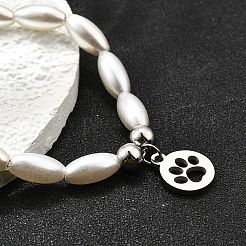 304 Stainless Steel Flat Round with Paw Print Charm Bracelets for Women&nbsp;BJEW-C098-11P