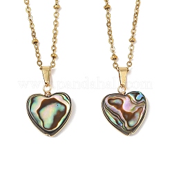 Heart Natural Abalone Shell/Paua Shell Pendant 304 Stainless Steel Satellite Chain Necklaces for Women&nbsp;NJEW-JN06368