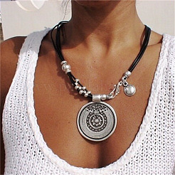 Bohemia Style Flat Round Alloy with Wax Imitation Leather Cord Pendant Necklaces&nbsp;FS-WG38B23-01