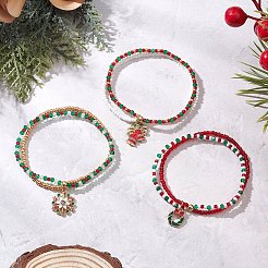 3Pcs Christmas Glass Seed Beads & Glass Beads Multi-layered Bracelets&nbsp;BJEW-MZ00240