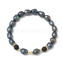 Natural Cultured Freshwater Pearl & Lava Rock Beaded Stretch Bracelets for Women&nbsp;BJEW-JB13714-01