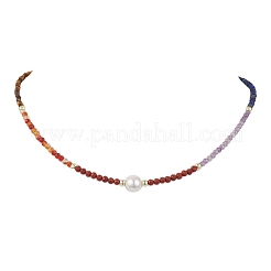 3.5mm Faceted Round Natural Gemstone & Shell Pearl Chakra Beaded Necklaces for Women&nbsp;NJEW-JN05149