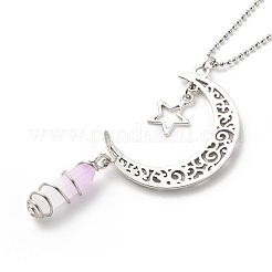 Natural Purple White Jade Bullet with Alloy Moon and Star Pendant Necklace&nbsp;NJEW-JN03912-02
