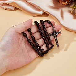 2Pcs Zinc Alloy & Wood Jesus Cross Rosary Bead Necklaces&nbsp;NJEW-DC0001-14