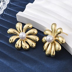 Flower Brass ABS Plastic Imitation Pearl Stud Earrings&nbsp;EJEW-U062-05G